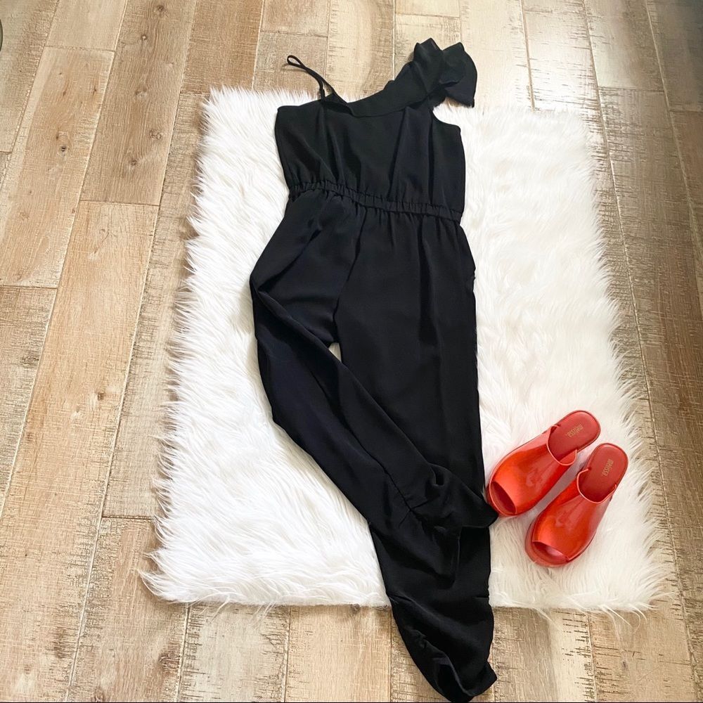 Nwt! Parker Addison Black Faux Wrap Asymmetric Shoulder Ruffle Jumpsuit 0 — image 6 of 8